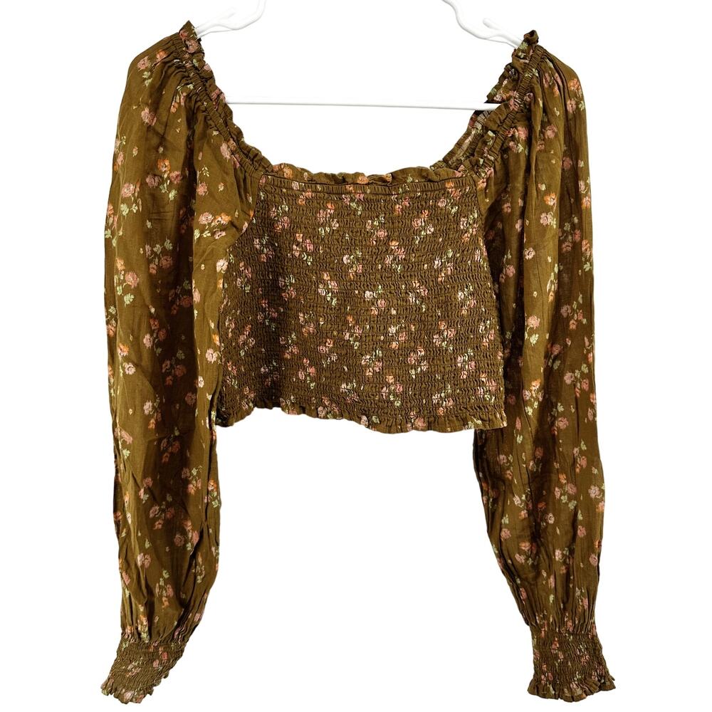 Aerie Crop Top Long Puff Sleeve Floral Print Smocked Ruffle Square Neck Brown S - Picture 2 of 7
